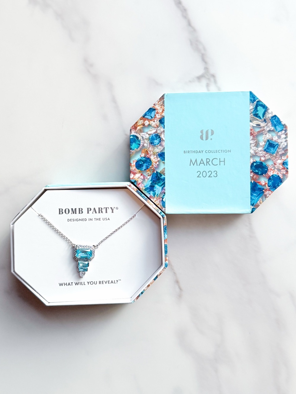 Bomb Party A Fiery Love Aquamarine CZ Statement Necklace March 2023 NWT